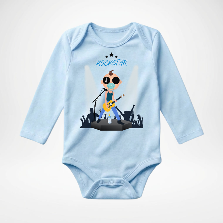 Hellblauer Baby Body langarm für Jungs mit Rockstar Motiv, hochwertiger Babybody aus Baumwolle mit Rock and Roll Design von TIMMY &amp; MIMMY