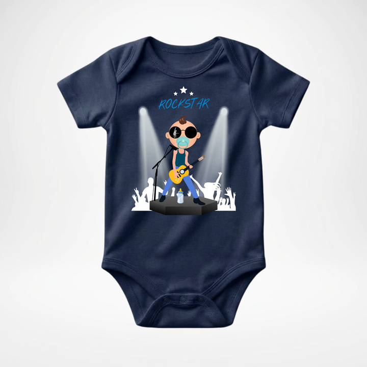 Navy blauer Baby Body kurzarm für Jungs mit Rock- Motiv, cooler Babybody aus Baumwolle mit Rock and Roll- Design der Baby-&amp; Kleinkind- Marke TIMMY &amp; MIMMY