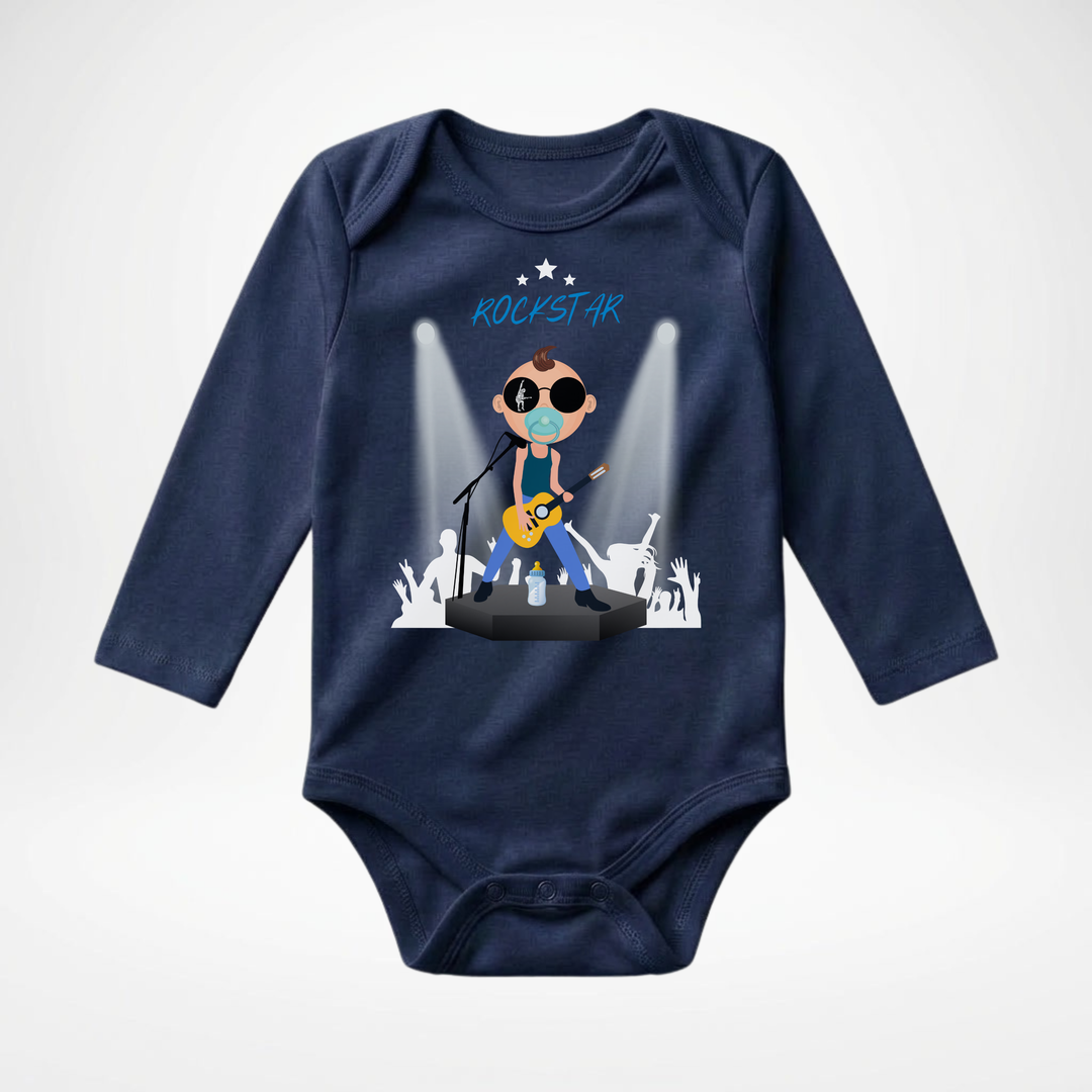 Navy blauer Baby Body langarm für Jungs mit Rockstar Motiv, hochwertiger Babybody aus Baumwolle mit Rock and Roll Design von TIMMY &amp; MIMMY