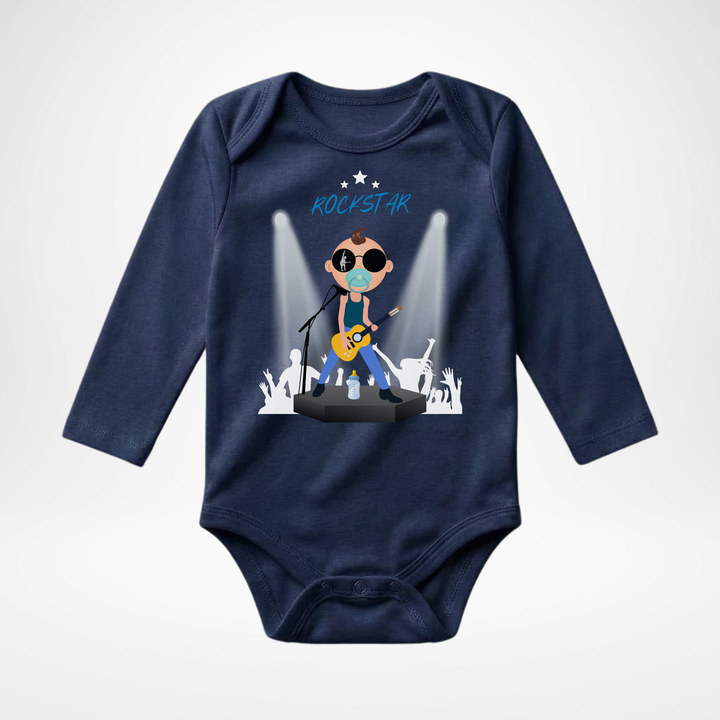 Navy blauer Baby Body langarm für Jungs mit Rockstar Motiv, hochwertiger Babybody aus Baumwolle mit Rock and Roll Design von TIMMY &amp; MIMMY