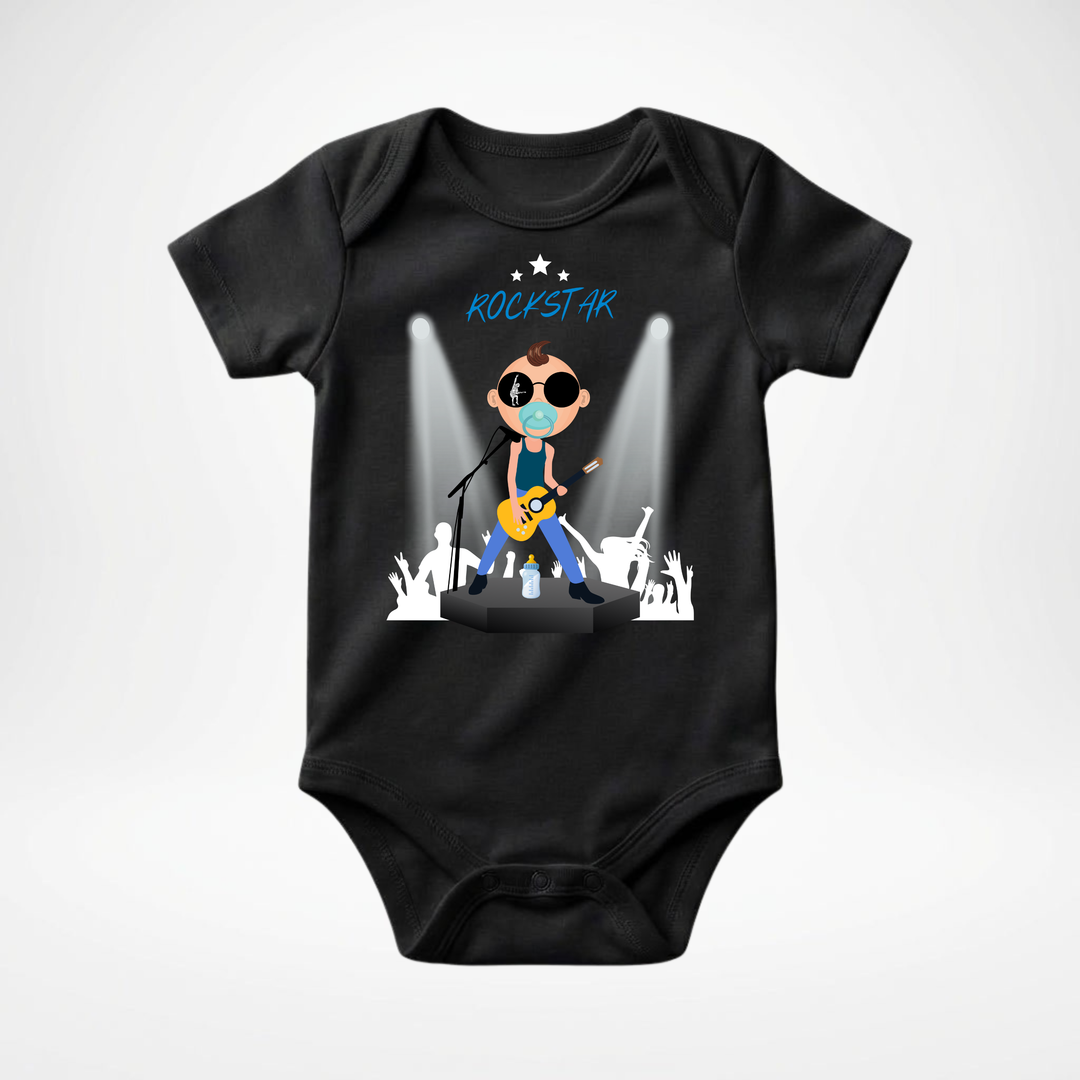Schwarzer Baby Body kurzarm für Jungs mit Rock- Motiv, cooler Babybody aus Baumwolle mit Rock and Roll- Design der Baby-&amp; Kleinkind- Marke TIMMY &amp; MIMMY