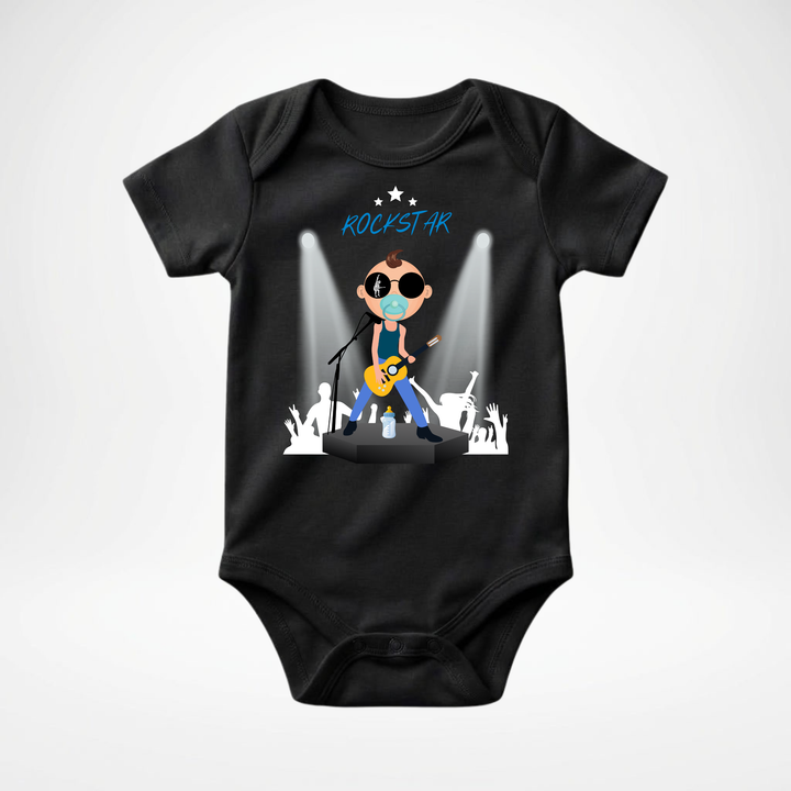 Schwarzer Baby Body kurzarm für Jungs mit Rock- Motiv, cooler Babybody aus Baumwolle mit Rock and Roll- Design der Baby-&amp; Kleinkind- Marke TIMMY &amp; MIMMY