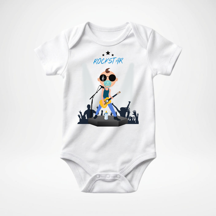 Weißer Baby Body kurzarm für Jungs mit Rock- Motiv, cooler Babybody aus Baumwolle mit Rock and Roll- Design der Baby-&amp; Kleinkind- Marke TIMMY &amp; MIMMY