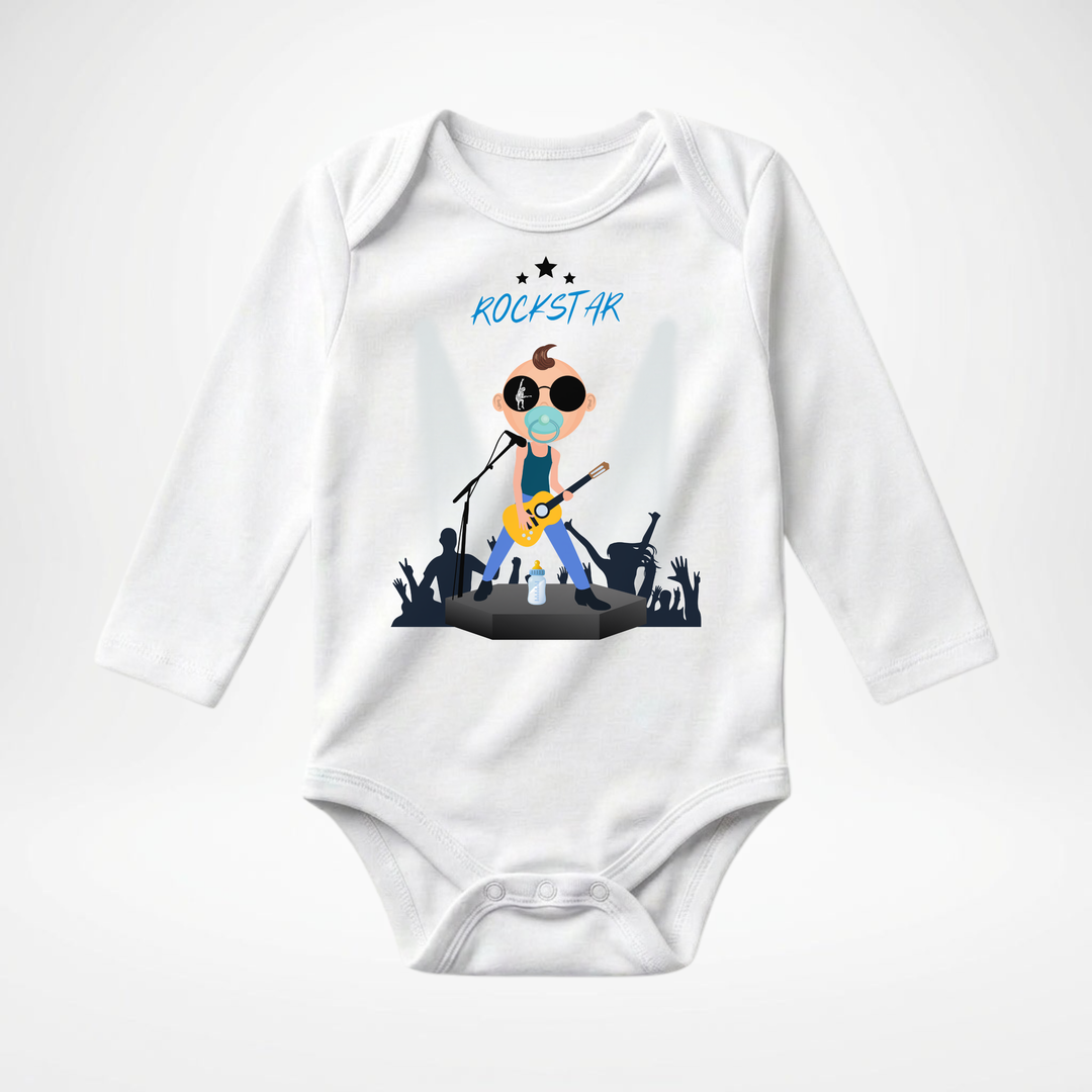 Weißer Baby Body langarm für Jungs mit Rockstar Motiv, hochwertiger Babybody aus Baumwolle mit Rock and Roll Design von TIMMY &amp; MIMMY