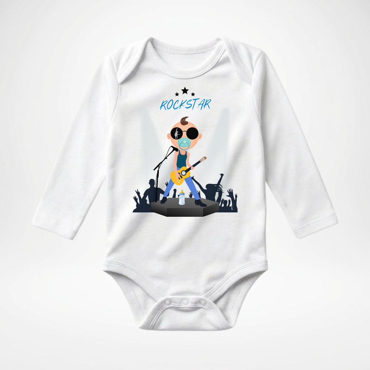 Weißer Baby Body langarm für Jungs mit Rockstar Motiv, hochwertiger Babybody aus Baumwolle mit Rock and Roll Design von TIMMY &amp; MIMMY