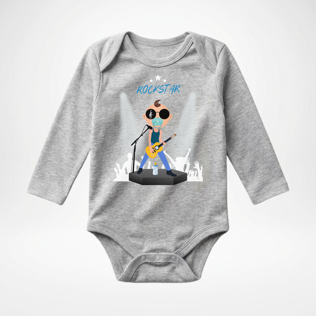 Hellgrauer Baby Body langarm für Jungs mit Rockstar Motiv, hochwertiger Babybody aus Baumwolle mit Rock and Roll Design von TIMMY &amp; MIMMY