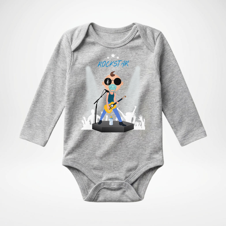 Hellgrauer Baby Body langarm für Jungs mit Rockstar Motiv, hochwertiger Babybody aus Baumwolle mit Rock and Roll Design von TIMMY &amp; MIMMY