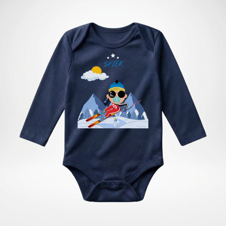 Navy blauer Baby Body langarm für Jungs mit Ski- Motiv, hochwertiger Babybody aus Baumwolle mit Skifahrer- Design von TIMMY &amp; MIMMY