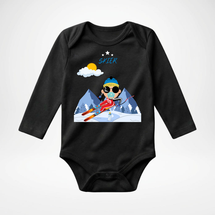Schwarzer Baby Body langarm für Jungs mit Ski- Motiv, hochwertiger Babybody aus Baumwolle mit Skifahrer- Design von TIMMY &amp; MIMMY
