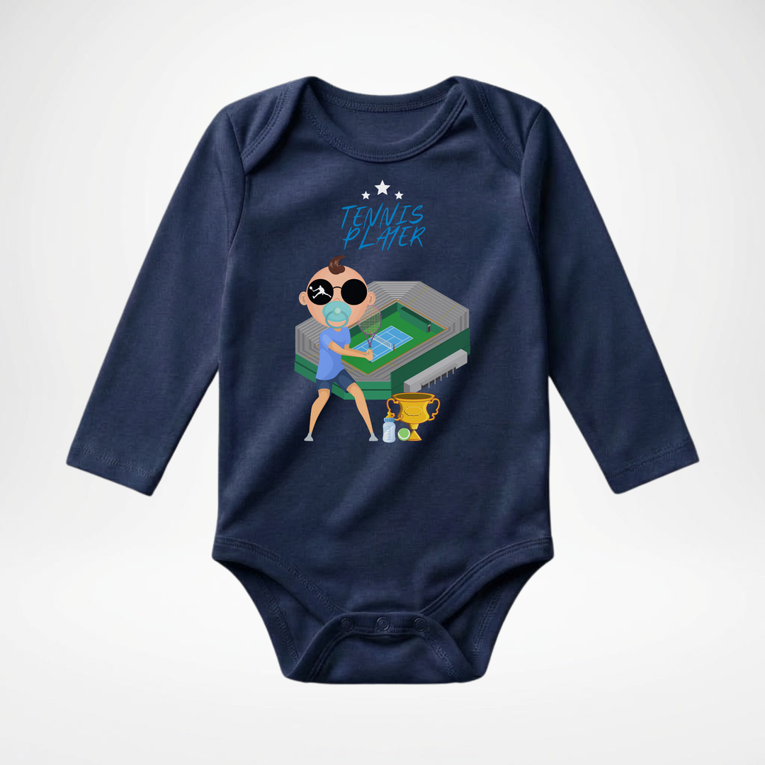 Navy blauer Baby Body langarm für Jungs mit Tennis- Motiv, hochwertiger Babybody aus Baumwolle mit Tennis Player- Design von TIMMY &amp; MIMMY