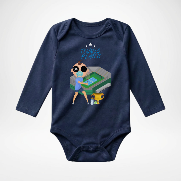 Navy blauer Baby Body langarm für Jungs mit Tennis- Motiv, hochwertiger Babybody aus Baumwolle mit Tennis Player- Design von TIMMY &amp; MIMMY