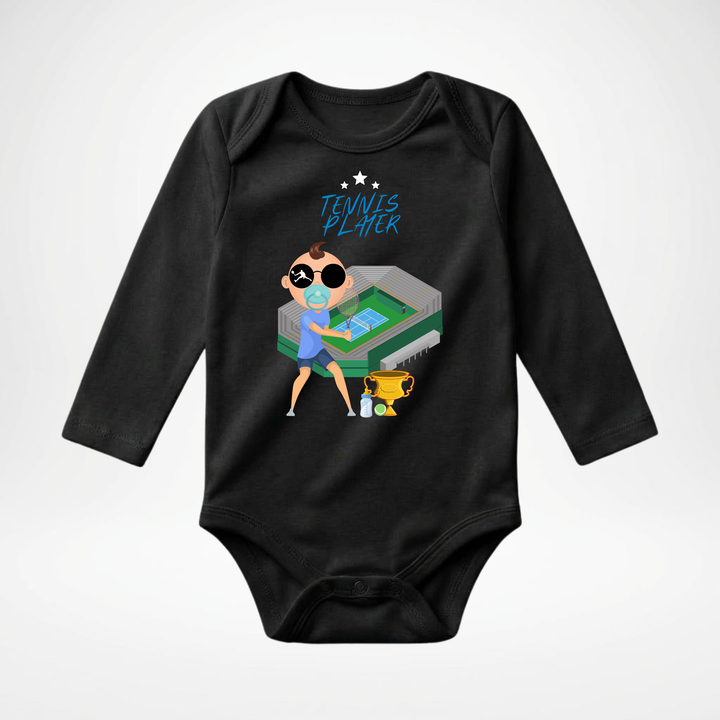 Schwarzer Baby Body langarm für Jungs mit Tennis- Motiv, hochwertiger Babybody aus Baumwolle mit Tennis Player- Design von TIMMY &amp; MIMMY