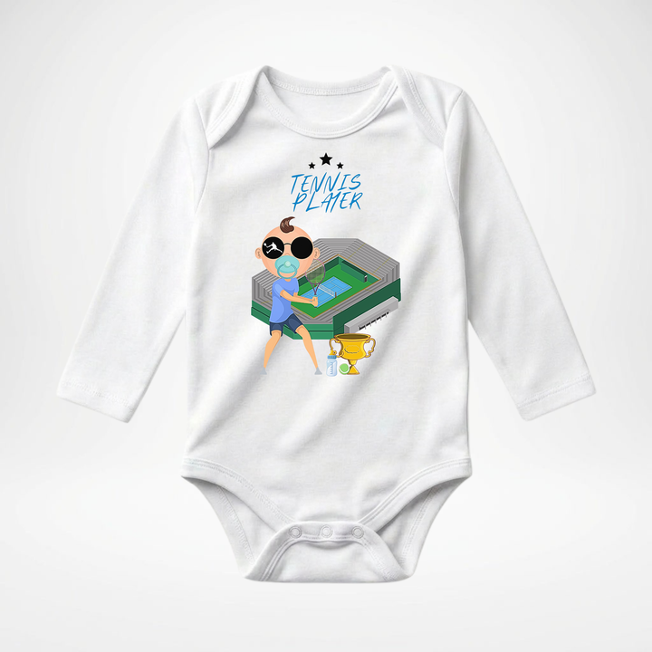 Weißer Baby Body langarm für Jungs mit Tennis- Motiv, hochwertiger Babybody aus Baumwolle mit Tennis Player- Design von TIMMY &amp; MIMMY